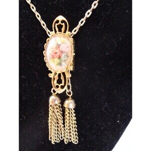 Vintage necklace gold tone dried flowers convex glass gold tassels 1970s?